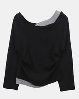 Royu Unbal Asymmetrical Color-Block Shirred One-Off-Shoulder Long-Sleeve T-Shirt