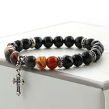 SVB-1003 Natural Stone Striped Agate Cross Onyx Bead Men's Bracelet