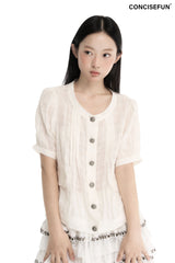 CONFUN linen check texture fabric spiral metal fastening round-neck short-sleeve shirt