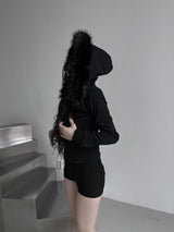 slim fur hood zip-up (fleece-lined / 3color)