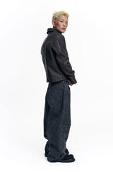 Washed Leather Crop Jacket - Brown