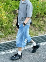 Double destroyed denim bermuda pants 1C
