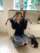 チェックドシャツレイヤードブラックロングスリーブTシャツ