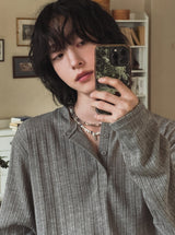 Pale henley neck ribbed long sleeve t-shirt