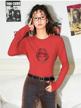 インクプリンティドラウンドネックコットンポリエステル長袖Tシャツ