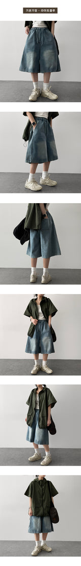 [Basic & long] Ichi banding side pintuck pleated denim Bermuda shorts