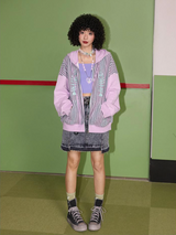 Chain-stitch embroidered hooded sweatshirt with zipper