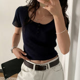 Lua Round Neck Button Ribbed Short Sleeve Knit Top 8 Colors