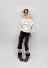 [MADE] Doobin Printed Off-Shoulder Fleece-Lined Sweatshirt