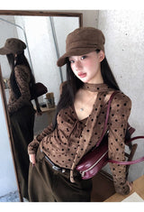 コットンウールスカーフドットブラウン長袖Tシャツ