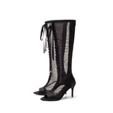 Satin See-Through Open Toe Boots Heel(Balck)