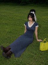VINTAGE LACE-TRIM POLKA DOT MAXI DRESS