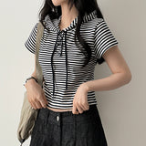 Linka Stripe Dangara Half Crop Short Sleeve Hoodie