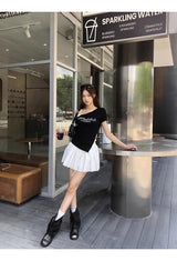 アンバランスオフショルダーパールビーズレイヤードTシャツ