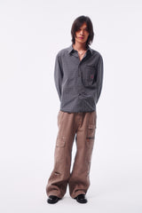 FINE PLAID RANDOM STITCH SILVER THREAD LOGO SQUARE LABEL HEM COLOR-TOOTH ZIPPER SIDE HAND-SEWN BUTTON SHIRT