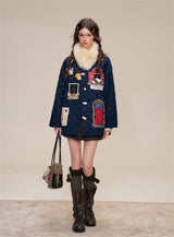 Kitsch look Embroidered Patch Quilted Duffle Coat