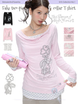 BETWEENAND「Pinkish Key」– a pure and delicate two-piece set consisting of a top with a dropped neckline, long sleeves, and a shapening upper garment