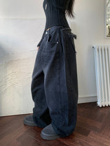 Rough Muse Tassel Ball Stud Wide Long Denim Pants