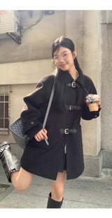 ウールブラックカラーバックルハーフコート