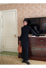 Half Turtleneck Black Flared Long Dress