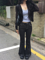 ボエル ノンフェード スタッド デニム ロー ブーツカット パンツ