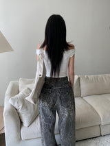 レースオフショルダーコルセットリボンプリントショートスリーブTシャツ(White)