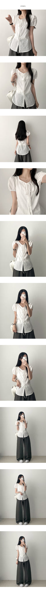 Curry Ribbon Puff Blouse