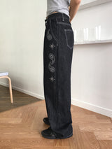 Skoll two-way pintuck paisley cubic stitch non-fade denim long wide pants