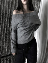 gray lettering off-shoulder knit