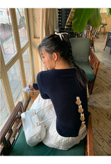 バックホワイトボウロングスリーブニットTシャツ