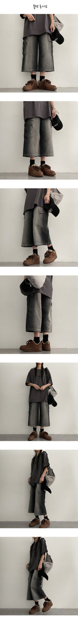 [S-2XL/Long, Basic, Short] ルーカスウォッシングカーゴワイドデニムハーフパンツ