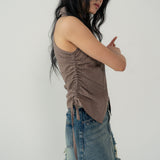 SLEEVLESS SHIRRING SHIRTS (PINK YELLOW)