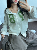 2ウェイ💚ストライプレタリングタトゥープリンティングフーディージップアップジャンパー🩵💚🖤3カラー