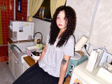 (2color) Lace Check Layered Neck Shirring Balloon Tee
