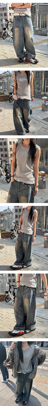 [Unisex] バックレザーポケットワイドパンツ