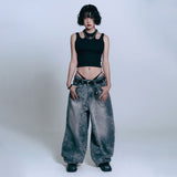 Sun Patch Leopard Balloon Denim Pants - BLACK