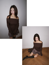 Deep Brown V-neck Off-Shoulder Long-Sleeved Top