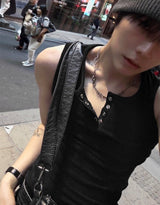 Velvet Henley Neck Track Detail Muscle Fit Sleeveless