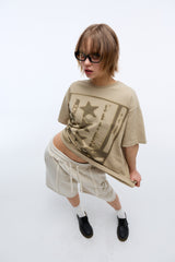 Sound wave artwork damage washing T-shirt (Beige)