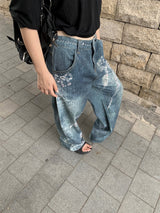 diamond bow wide denim pants