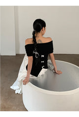 Black Macaron Bow Off Shoulder Tee