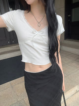 🤍Mist Ribbon Lace V-neck Short Sleeve T-shirt (2 colors)