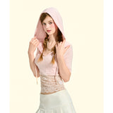 [GirlyFancyClub] Comfortable Lyocell Hollow Lace Patch Pink Sweet and Spicy Hooded Slim Fit T-shirt Top