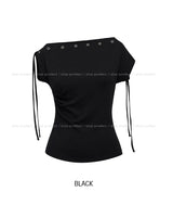 ロエアイレットストラップアンバランスショルダーTシャツ