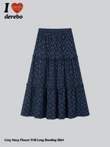 Cozy Navy Flower Frill Long Banding Skirt