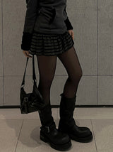 Ribbon string slit button stripe skirt