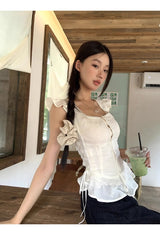 lovely short-sleeved frill sleeveless blouse