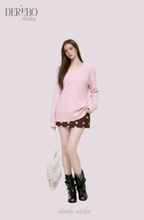 Baby Pink Twisted V-neck Loose Fit Knitwear