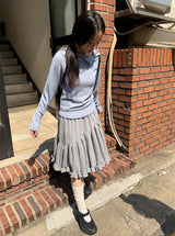 Simrin Ribbed Diagonal Shirring Midi Skirt
