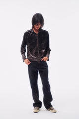 LEOPARD VELVET DOUBLE-HEAD COLOR-TOOTH ZIPPER SMUDGED SPRAY DISTRESSED TAILORED STAND COLLAR JACKET